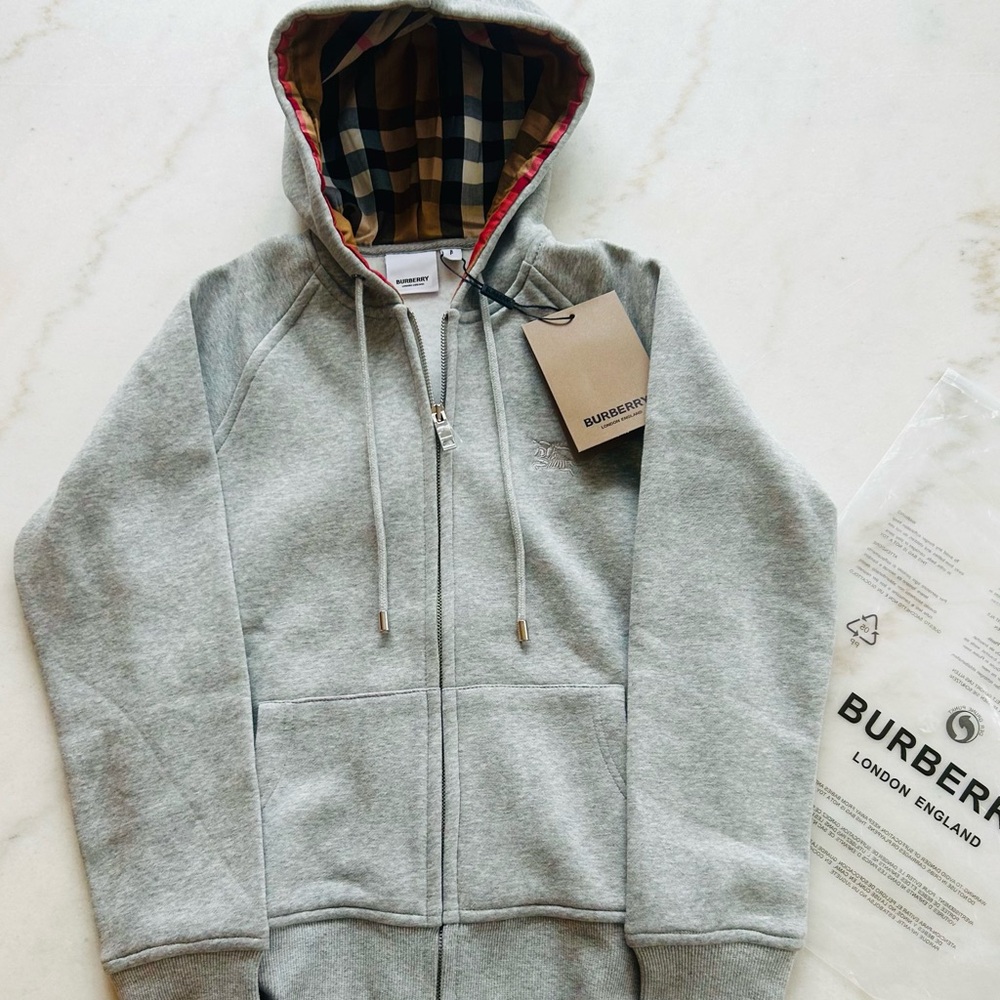 Burberry Gray Hoodie with Red and Tan Accents